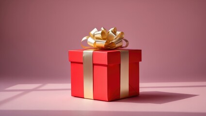 Obraz premium A red gift box adorned with a gold ribbon on a pink backdrop without shadows. The concept of photography. A surprise for an occasion, event, or celebration. Front view and copy space.
