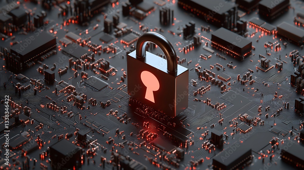 Poster digital security concept with lock on circuit board background representing cyber protection and dat