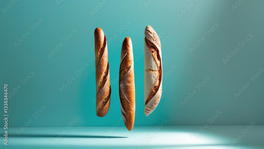 Poster creative arrangement of bread on a turquoise backdrop. flat lay. food concept. macro concept.