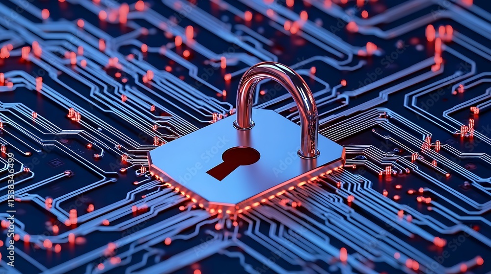 Poster digital security concept with lock on circuit board displaying cybersecurity and technology innovati