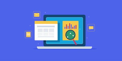 Digital marketing and website performance SEO report on laptop screen, website traffic, user conversion and return on investment e-business concept.