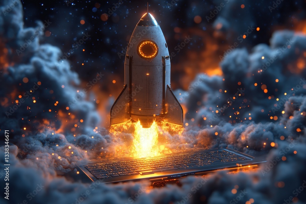 Poster rocket launching from a glowing keyboard amidst a backdrop of swirling clouds and fiery sparks