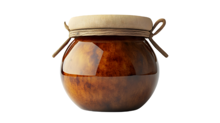 Glass jar with brown honey or jam sealed with rope and lid shown on transparent background for packaging use