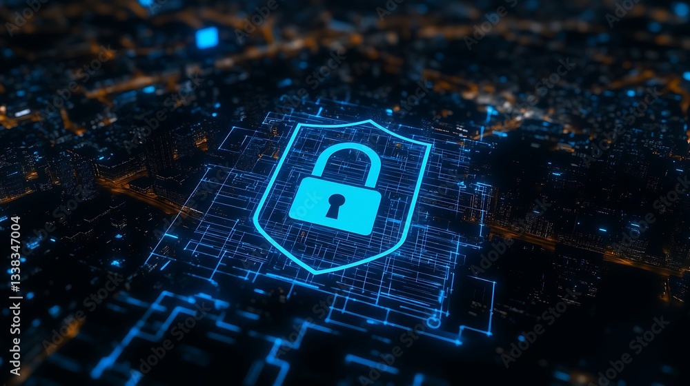 Poster digital security concept with lock symbol and connected cityscape background for technology and cybe