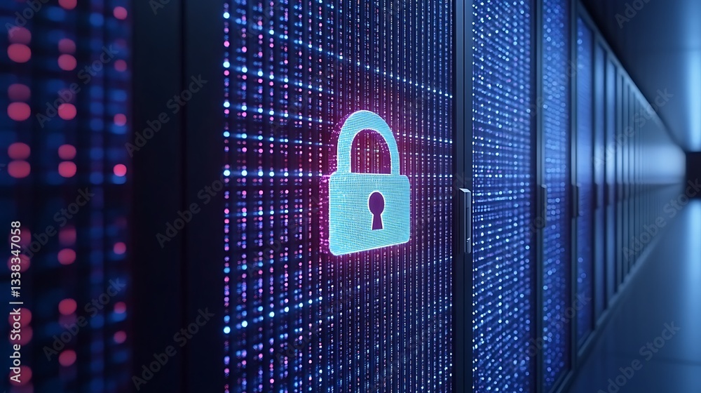 Poster digital security concept with lock symbol and data server in modern data center in high-tech environ