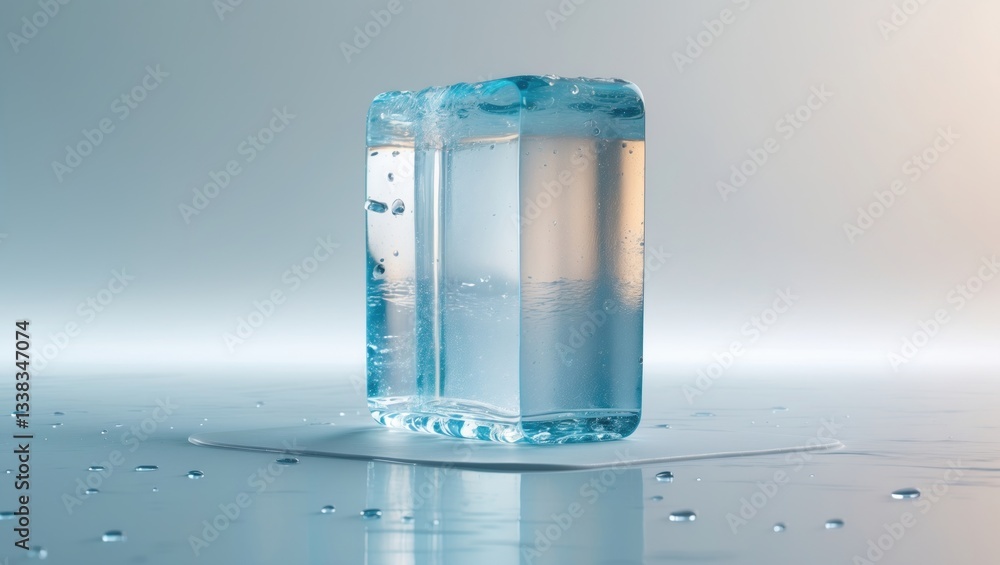 Poster crystal clear natural ice cube resting on a reflective white surface.
