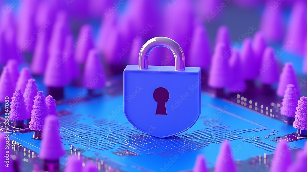 Poster digital security concept with lock symbol and purple trees on computer circuit board background