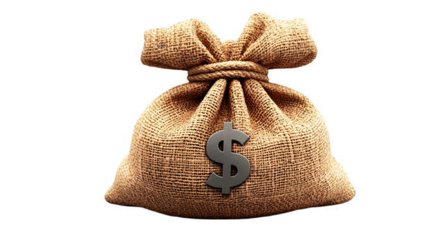 Cartoon style money pouch with knot and dollar logo shown on transparent background for economy theme use