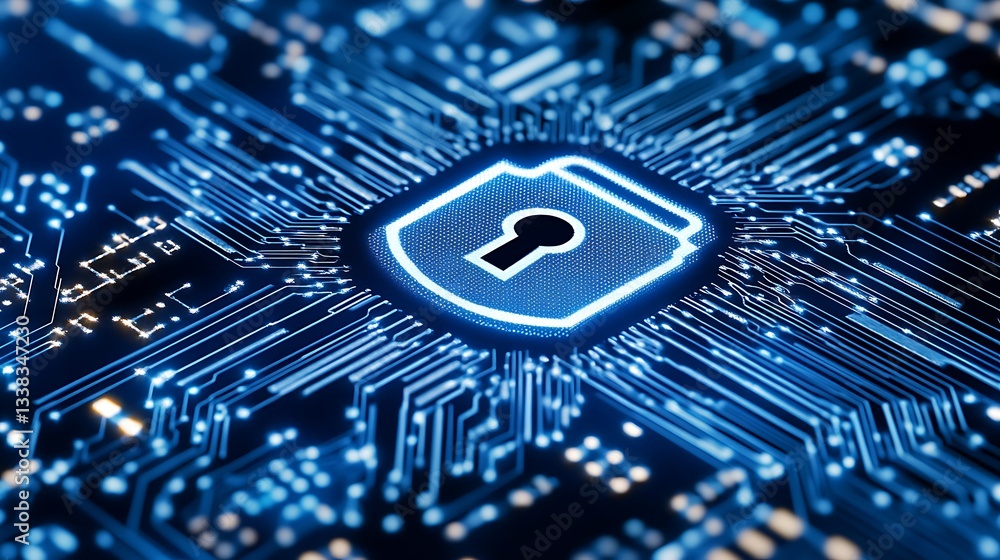 Poster digital security concept with lock symbol on blue circuit background representing cyber protection t