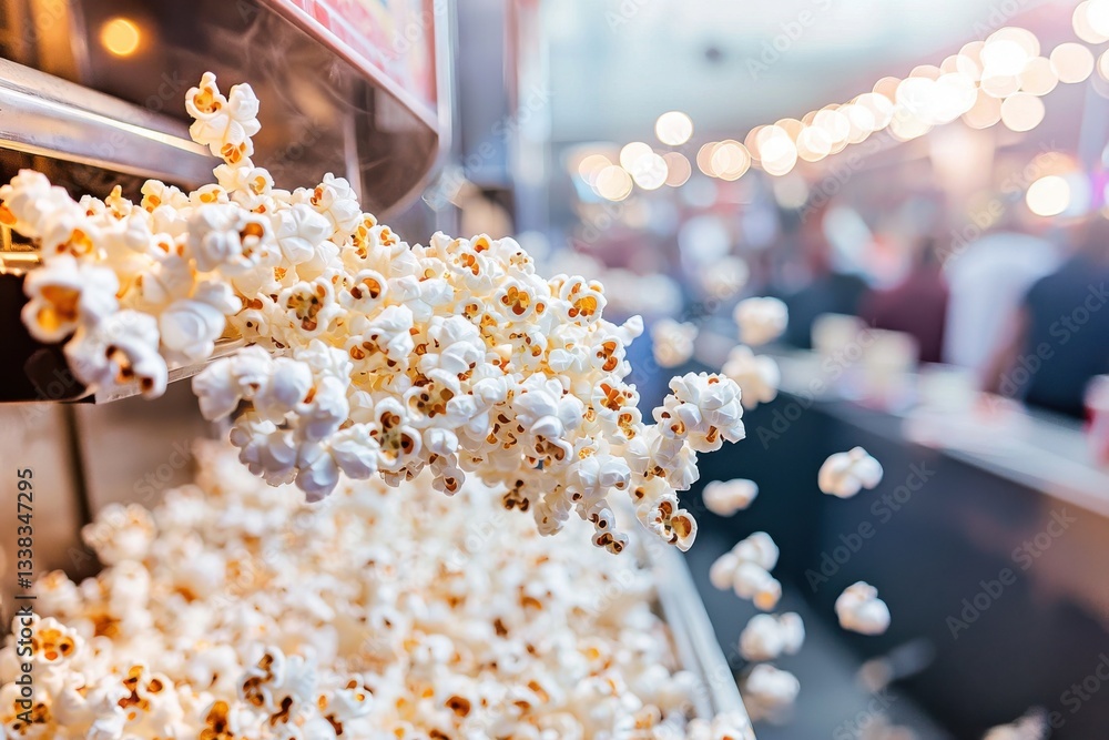 Poster freshly made popcorn being dispensed from a machine, ready to be enjoyed at a movie theater or an ev