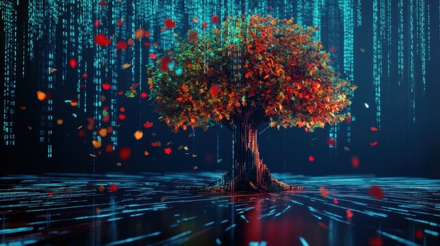A digital tree with colorful leaves stands amidst a backdrop of cascading binary code, symbolizing the fusion of nature and technology.