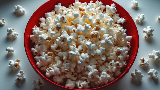 Popcorn in a red bowl viewed from above.