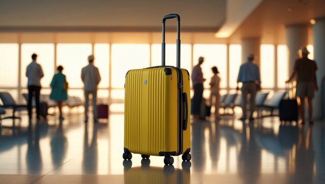 Suitcase in airport terminal waiting area with lounge zone in the background. Traveling luggage in the terminal. Vacation theme concept. Image includes space for text.