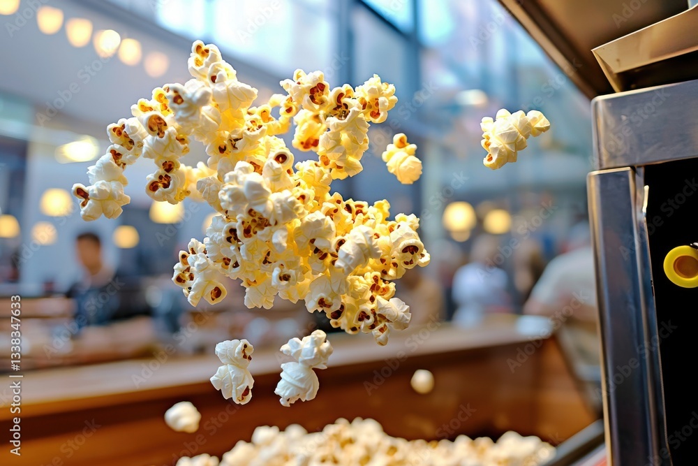 Poster a close-up shot of freshly popped popcorn in mid-air, creating a dynamic and appetizing scene with a