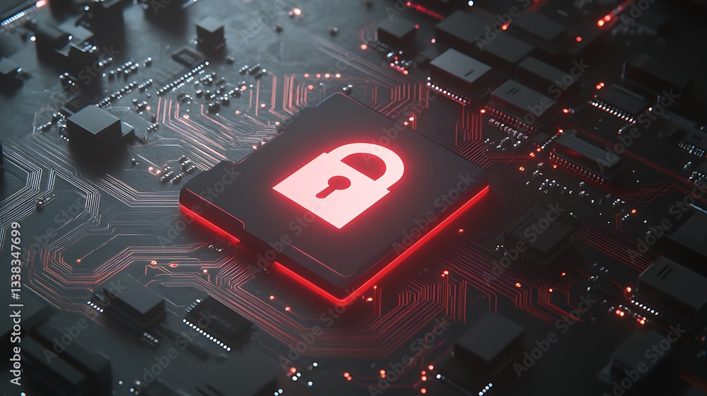 Poster digital security concept with lock symbol on microchip background for cyber protection and data safe