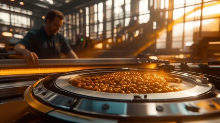 Hazelnuts are showcased in a complex industrial processing scene, capturing the intricate balance of nature and technology in food production and processing.