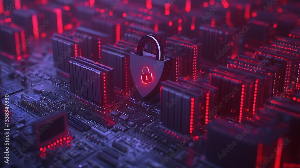 Poster digital security concept with lock symbol over circuit board in red and black colors for technology 