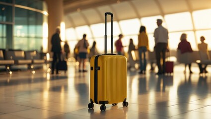 Suitcase in airport terminal waiting area with lounge zone in the background. Traveling luggage at the terminal. Vacation theme concept. Image includes copy space.