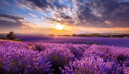 Blurred lavender field at sunset, creating a dreamy and romantic atmosphere. Perfect for perfume, cosmetics, and luxury branding