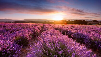 Obraz premium Blurred lavender field at sunset, creating a dreamy and romantic atmosphere. Perfect for perfume, cosmetics, and luxury branding