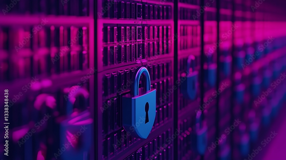 Poster digital security concept with locks on server racks in a futuristic cyber environment