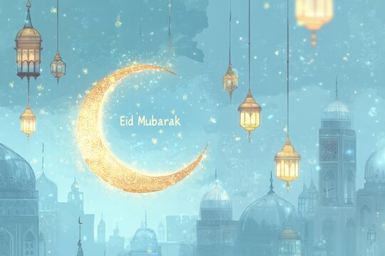 Eid mubarak illustration with crescent moon, lanterns, and mosque architecture in light blue toneskayum12196@gmail.com