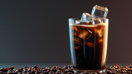 Iced americano coffee with a backdrop of coffee beans
