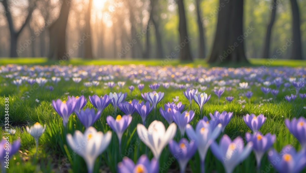 Poster close-up view of spring flowers in the park. crocus blossoms on a beautiful morning with sunlight fi
