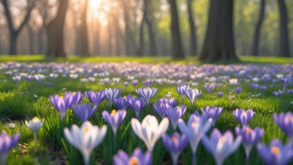 Close-up view of spring flowers in the park. Crocus blossoms on a beautiful morning with sunlight filtering through the forest.