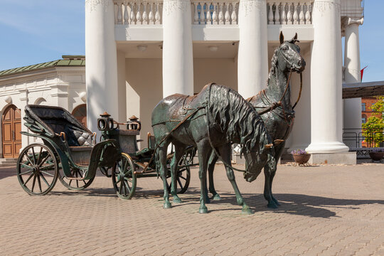 MINSK, BELARUS - May 17, 2024: A place for photo sessions in the form of an old horse-drawn carriage