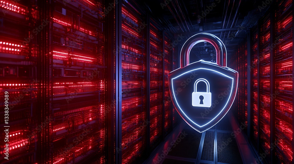 Poster digital security concept with neon lock symbol on server background in cyber technology environment