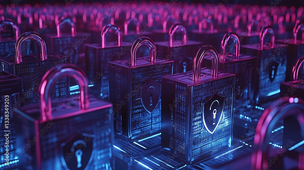 Aufkleber digital security concept with neon locked padlocks in a cyber environment representing data protecti