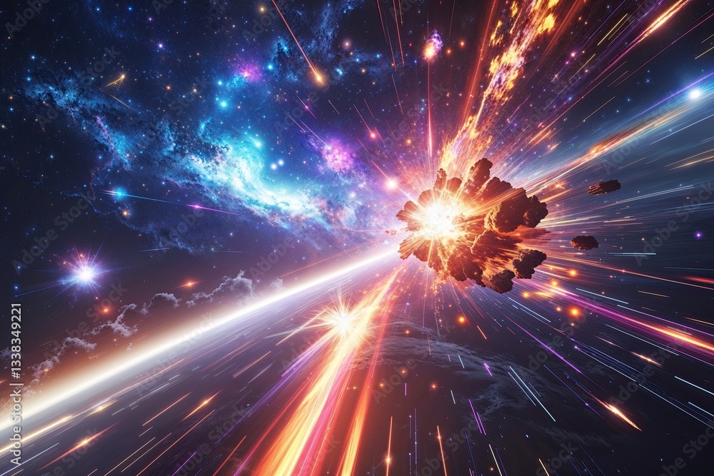 Poster dynamic cosmic journey with colorful acceleration and explosive effects