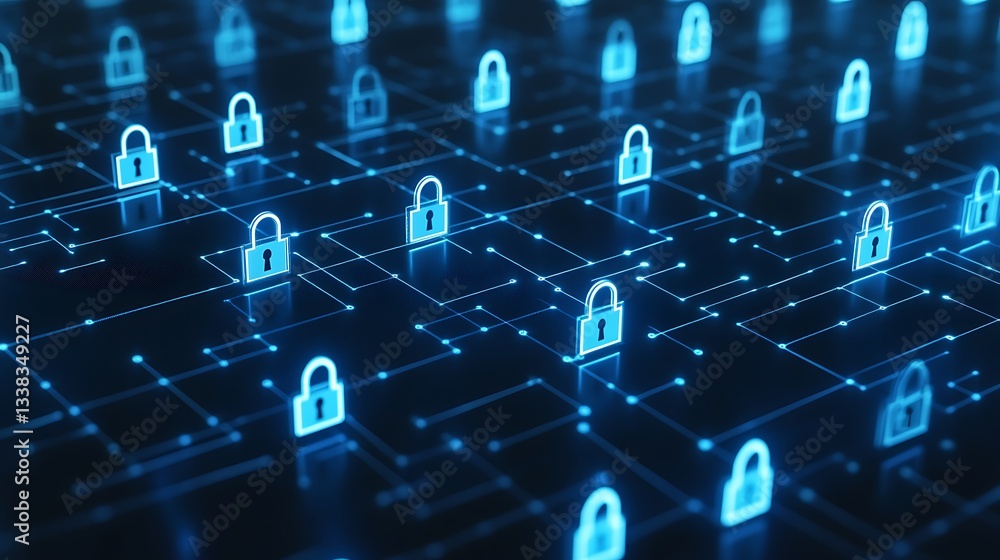 Poster digital security concept with neon locks connected by network nodes on technology background