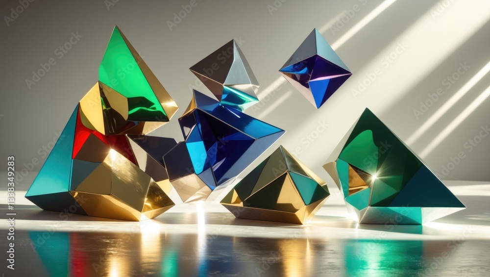 Poster colorful light reflections on a metallic surface with a detailed texture.