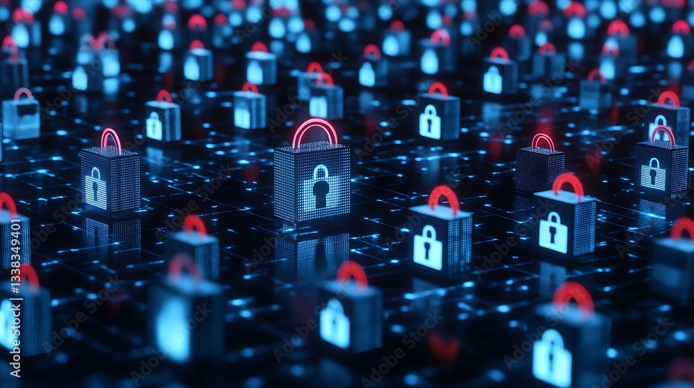 Poster digital security concept with numerous glowing padlocks representing data protection and cybersecuri