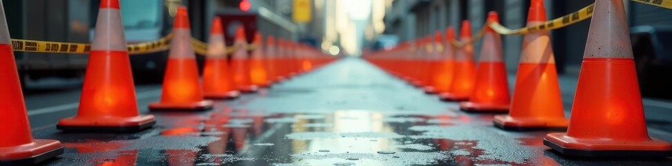 Orange construction cones and caution tape block path, repair, hazard, project