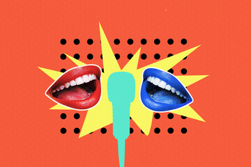 Composite 3D photo collage design trend sketch of duo two mouth sing song microphone karaoke event...