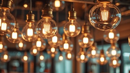 Beautiful and cozy luxury light lamp. Vintage and minimal decor. Retro aesthetics. Numerous vintage light bulbs suspended from the ceiling. Soft focus.
