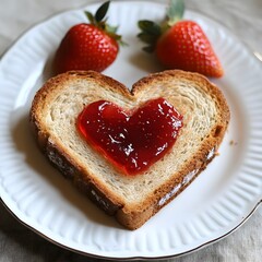 Heart-shaped toast with strawberry jam and fresh strawberries.