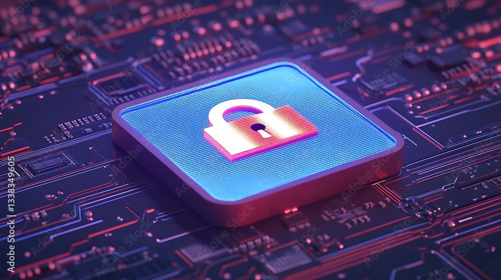 Poster digital security concept with padlock icon on abstract circuit board background in vibrant blue and 