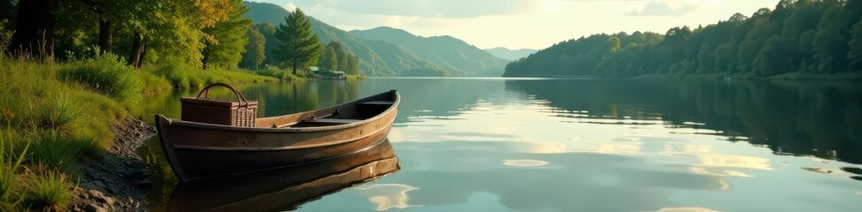 Obraz premium Vintage rowboat, lake setting, picnic baskets ready , old, lake