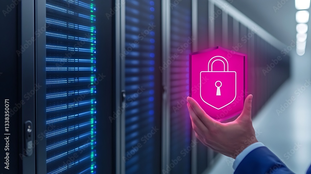 Poster digital security concept with padlock symbol in front of server rack for cyber protection and data p