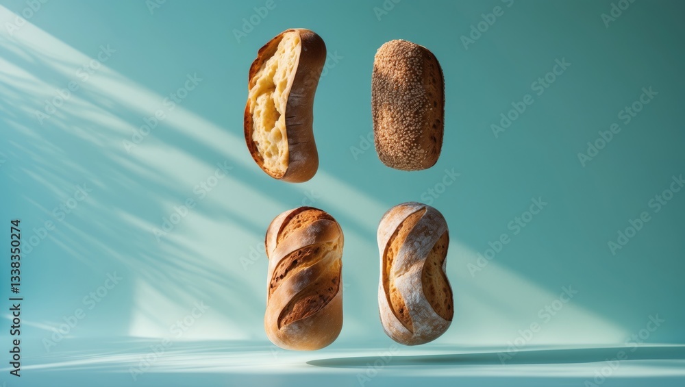 Poster creative arrangement featuring bread on a turquoise backdrop. flat lay. food concept. macro concept.