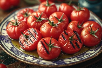 A beautifully arranged plate of fresh and grilled ripe tomatoes glistening with olive oil, capturing the essence of summer flavors and healthy eating in a visually appealing way.