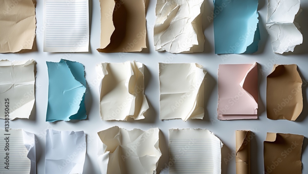 Poster collection of assorted torn pieces of paper on white background. each individually photographed