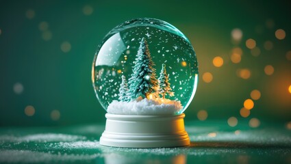Image of a snow globe featuring snowflakes on a green background. Festivity, tradition, and celebration concept digitally created image.
