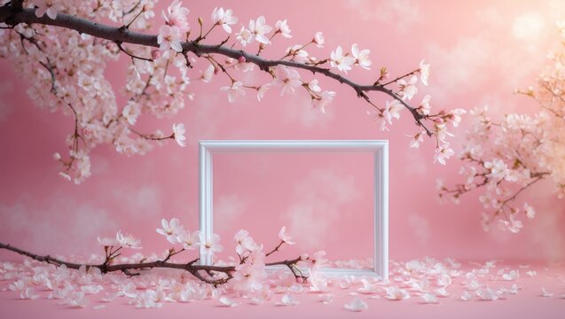 Fresh branches of cherry white blossoms with petals on a pastel pink backdrop. Soft light tones. Mockup for uplifting ideas. Blank space for inspirational, emotional, sentimental text or quote.