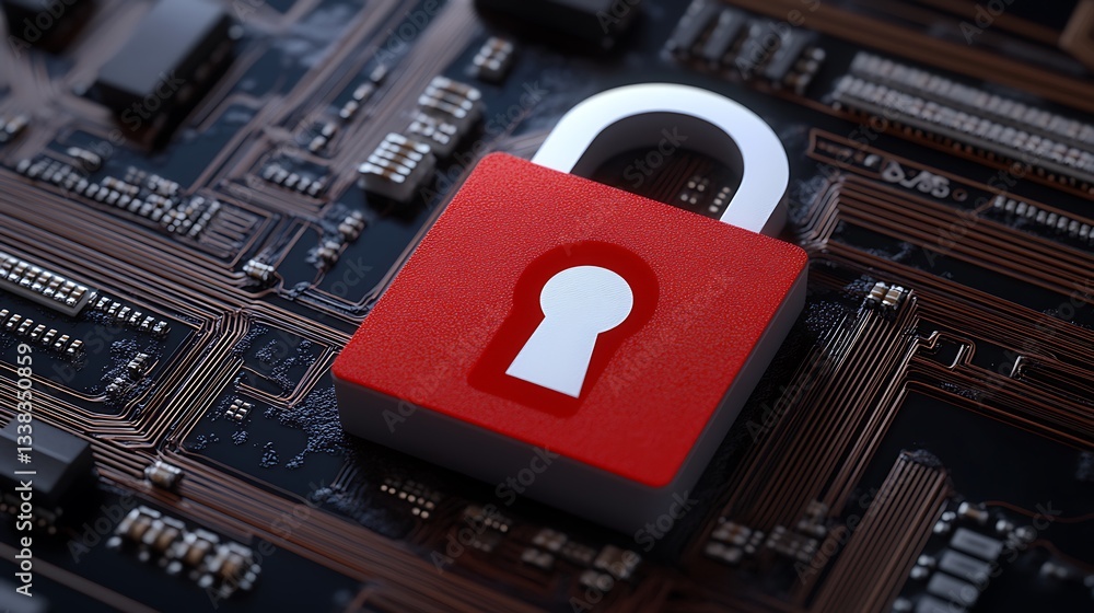 Poster digital security concept with red lock on modern circuit board background in technological environme