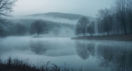 Fototapeta premium Fog over the pond's surface in the final days of autumn creates a gloomy, melancholic view that is rarely observed.